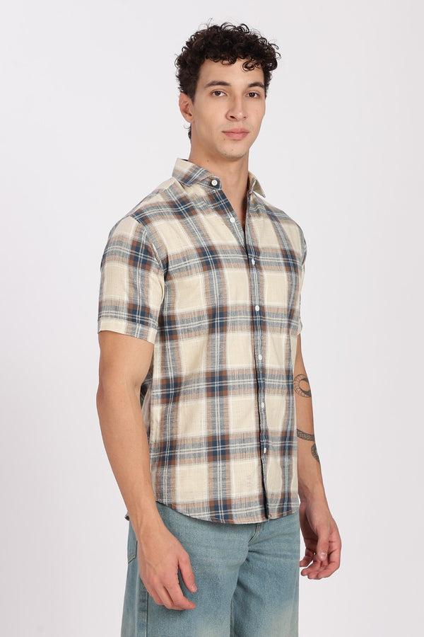 Cream Madras Plaid Half Sleeve Shirt