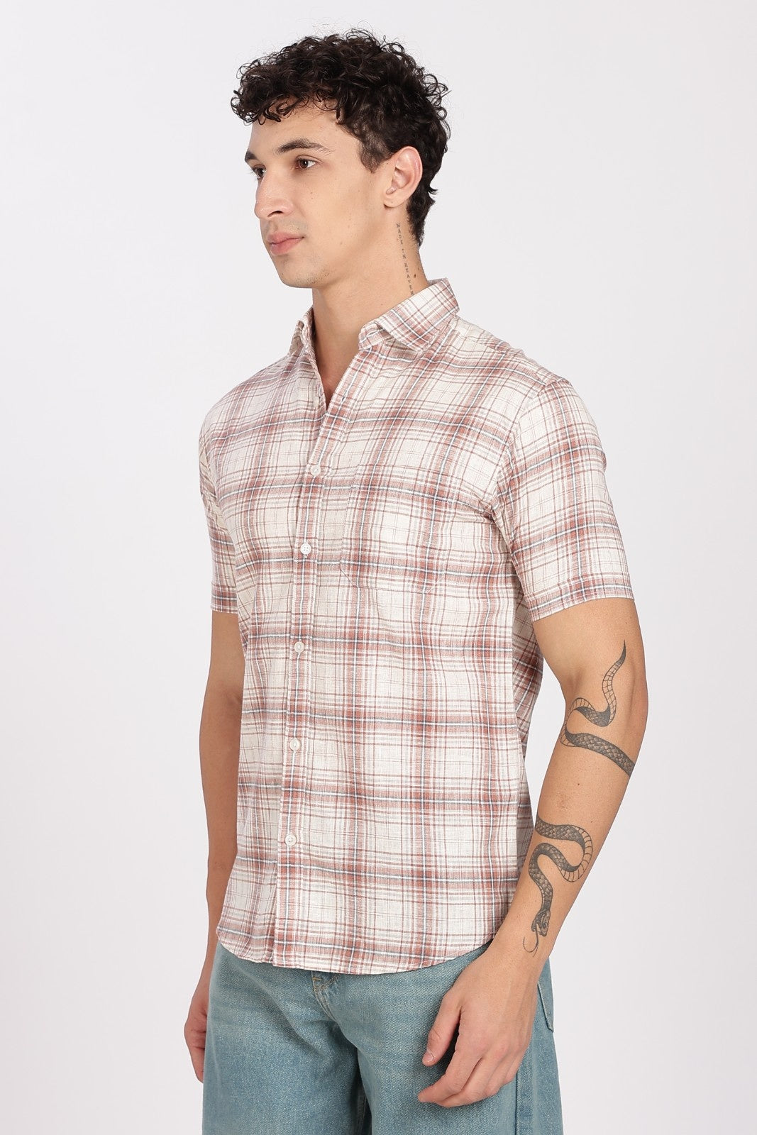 Cream Brown Check Half Sleeve Linen Shirt
